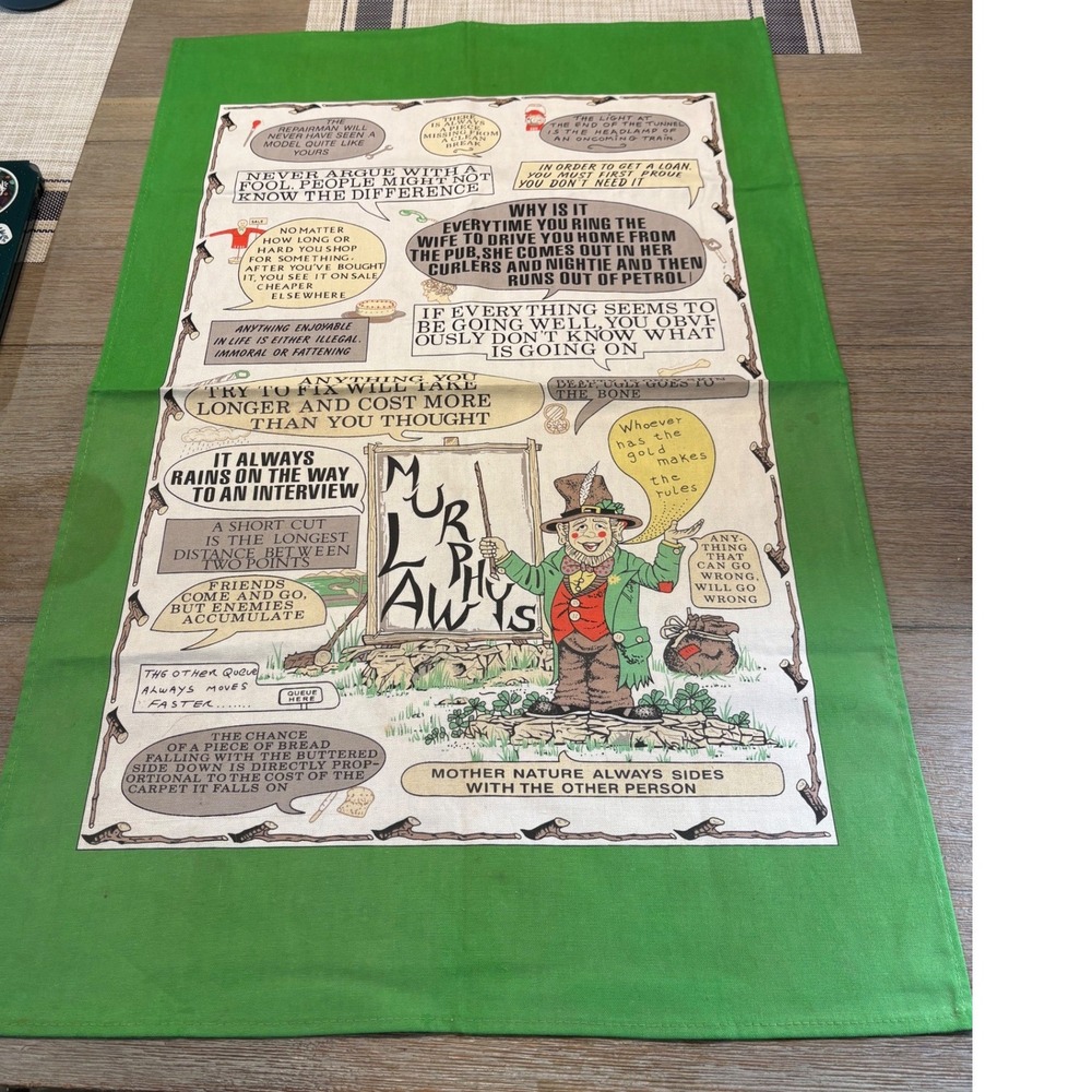 Vtg Murphy's Laws Irish Tea Towel Green‎ Linen Leprechaun Humorous Kitchen Decor